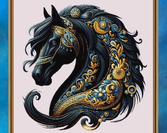Black horse with blue  gold embroidery. A large counter cross stitch.  PDF Download pattern/charts. DMC Threads. Needlework. Pattern keeper.