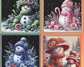 A bundle of 4 snowmen. Pink, Blue, Green and Red Snowman.  Large Cross Stitch.  PDF download.  Zip compress files. Pattern Keeper and Markup