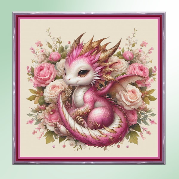 Pink and Gold baby Dragon. Large cross stitch, 350w x 350h stitches PDF download pattern/charts.  Pattern Keeper and Markup as well.