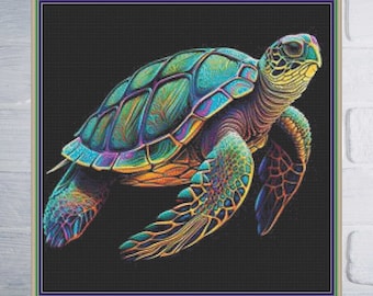 May include: A vibrant, iridescent sea turtle with a green, blue, and purple shell. The turtle is swimming with its head turned to the side, and its flippers are outstretched.