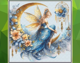 Watercolor, Blue &Gold Fairy with Moon. Large cross stitch. DMC Threads. Pattern Keeper/Markup as well. PDF Download. Needlework.