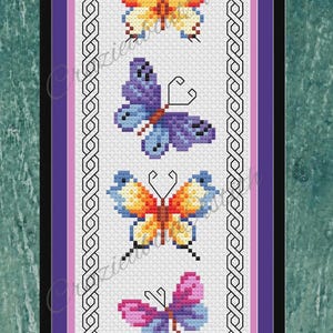 May include: A cross-stitch pattern featuring six colorful butterflies in shades of pink, yellow, blue, and orange. The butterflies are arranged vertically within a white rectangle, framed by a black and white border, and a purple and pink background. The words "PDF Download" are at the bottom.