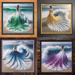 Puede incluir: Cuatro pinturas digitales de mujeres con vestidos fluidos cuyas faldas se funden con las olas del océano. Los vestidos son verde, amarillo, azul y morado.