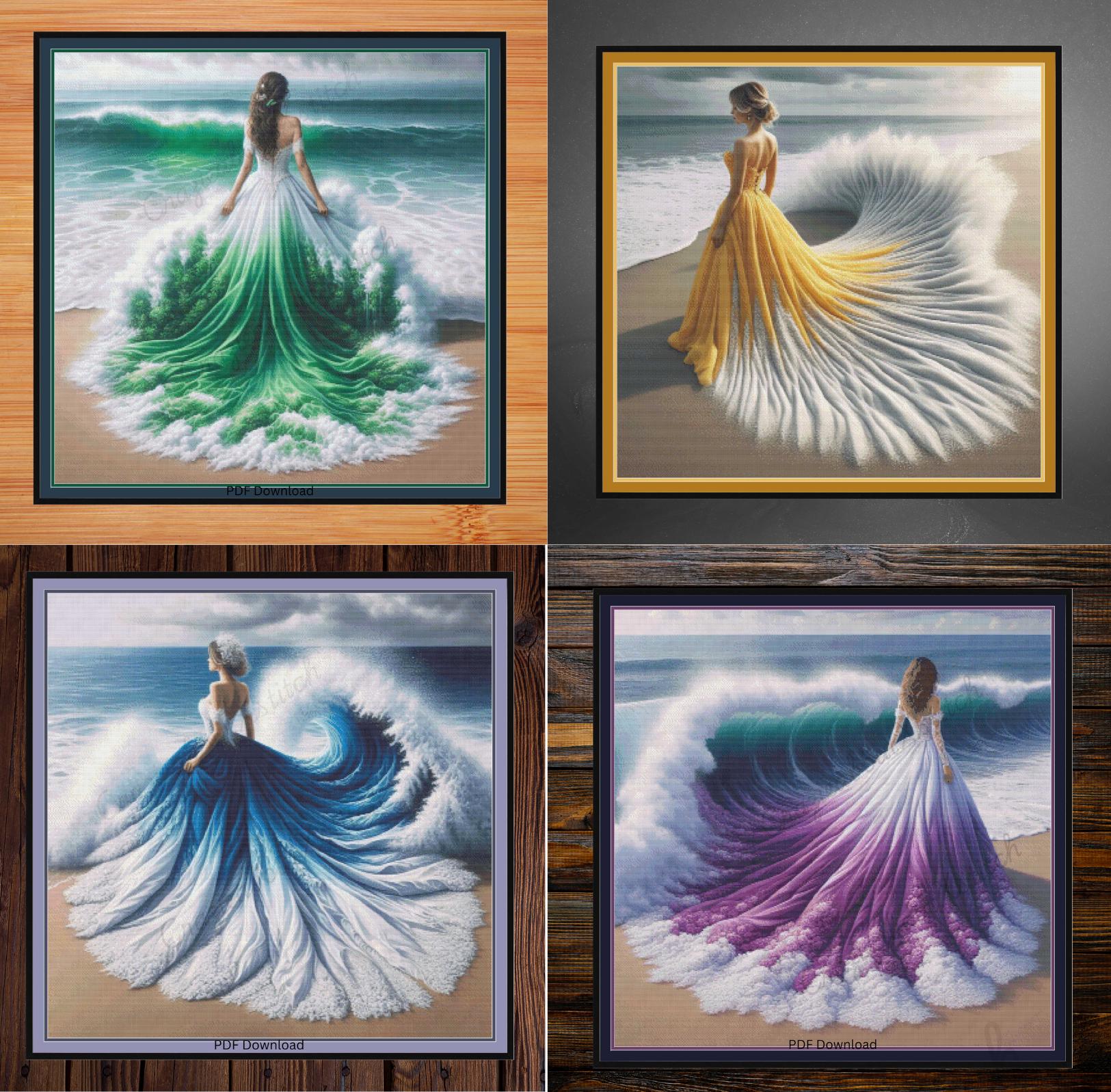4 Ladies of the ocean, Green, Yellow, Blue and Purple ocean gowns. All are Large cross stitch. Pattern Keeper/Markup compatible.PDF Download