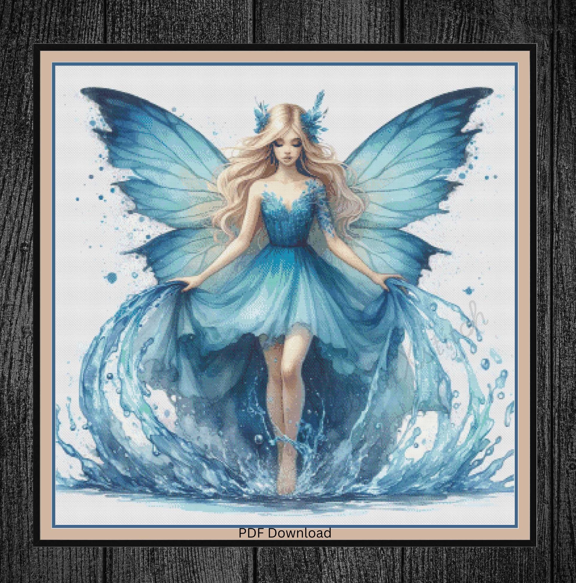 Watercolour Blue Fairy with water. Large cross stitch. Pattern Keeper/Markup compatible. DMC Threads. PDF Download pattern/charts.