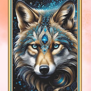 May include: A close-up of a wolf's face with blue and gold accents. The wolf's eyes are a bright blue, and its fur is a mix of brown and grey. The background is a dark blue with white stars.
