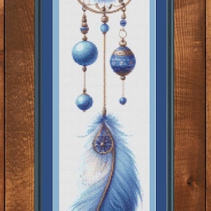 Hanging blue feather. Medium cross stitch. Pattern Keeper/Markup compatible. DMC Threads. PDF Download.