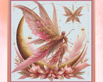 A Pink and Gold Fairy. Large cross stitch, 350w x 350h stitches.  PDF download pattern/charts.  DMC Threads.  Pattern Keeper/Markup as well.