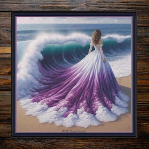 Dama con abito viola e bianco. Grande ricamo a punto croce. Compatibile con Pattern Keeper/Markup. Fili DMC. Schema/diagrammi in formato PDF scaricabile. Ricamo.