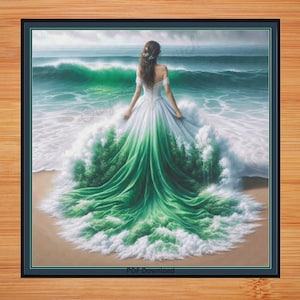 May include: A woman in a white and green wedding dress stands on a beach with waves crashing around her. The dress is flowing in the wind and the waves are creating a beautiful green and white pattern.