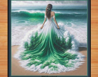 Lady with Green and White ocean Gown. Large cross stitch. Pattern Keeper/Markup compatible. DMC Threads. PDF Download pattern/charts.