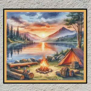Watercolor. Camping near the lake. Large cross stitch. Pattern Keeper/Markup compatible. DMC Threads. PDF Download pattern/charts.