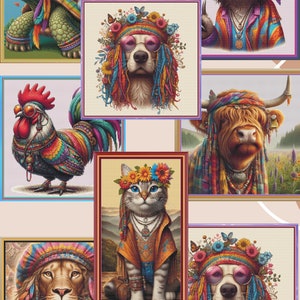 Ein Bündel Hippie Tiere.  Alle sind große Kreuzmuster.  PDF download Anleitung.  DMC-Garne . Musterbewahrer und Markup ebenfalls.