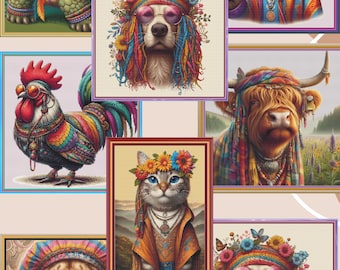 A bundle of the Hippie Animal.  All are large cross patterns.  PDF download pattern/charts.  DMC Threads. Pattern Keeper and Markup as well.