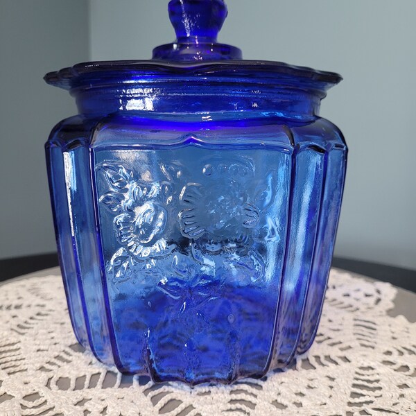 Mayfair Cobalt Blue Open Rose Cookie Buicut Jar Reproduction 1980s