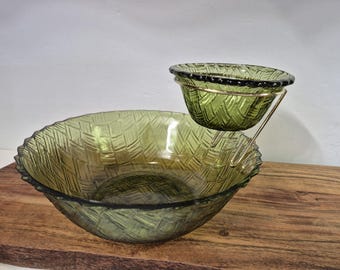 Olive Basket Weave 3 piece chip and dip set by Indiana Glass Co