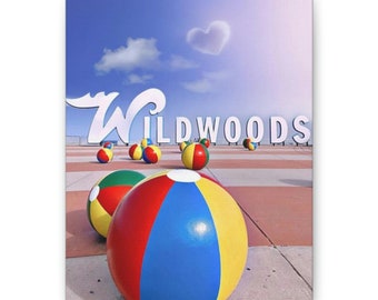 Wildwood NJ New Jersey Sign Beach Balls Canvas Stretched, 0.75"