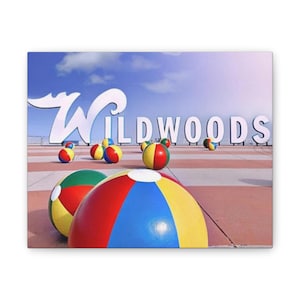 Wildwood NJ New Jersey Sign Beach Balls Canvas Stretched, 0.75&quot;