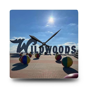 Wildwood NJ Sign beach balls Acrylic Wall Clock, Jersey Shore, Wildwood New Jersey