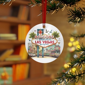 Adorno de metal de Las Vegas Bienvenido a las fabulosas decoraciones de Las Vegas, regalos únicos, decoración navideña, recuerdo de viaje, recuerdo de Navidad