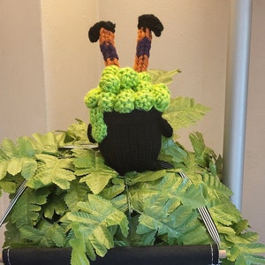 May include: A black and green witch's cauldron with legs sticking out of the top. The cauldron is sitting on top of a green fern plant. A black banner with white bats and the text "Trick or Treat" in gold lettering hangs below the plant.