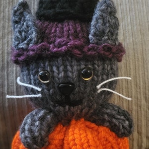 May include: A handmade knitted Halloween decoration featuring a gray cat wearing a purple witch hat, perched atop an orange pumpkin. The cat has large, round eyes and white whiskers. A festive, seasonal craft.