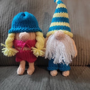 Könnte beinhalten: Zwei gestrickte Gnome, einer mit einer blau-gelb gestreiften Mütze und einem weißen Bart, der andere mit einer blauen Mütze und einem rosa Kleid. Beide Gnome haben gelbes Garnhaar.