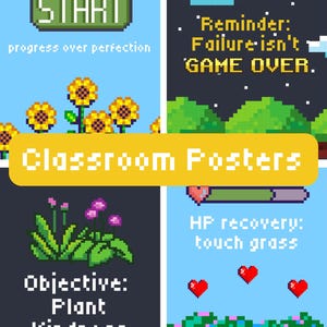 Puede incluir: Cuatro pósteres de arte píxel con temas de videojuegos. Uno muestra girasoles con el texto START progress over perfection. Otro muestra un cielo nocturno con el texto Reminder: Failure isn't GAME OVER. Otros muestran plantas con Objective: Plant Kindness y una barra de salud con HP recovery: touch grass.