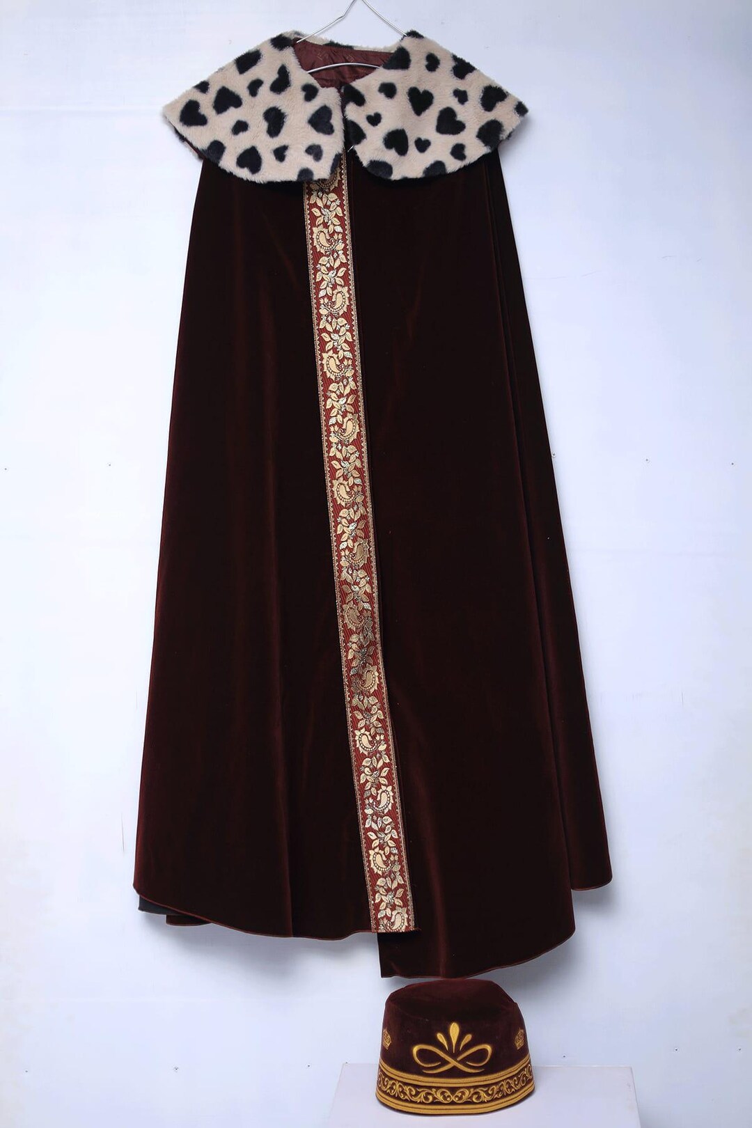 Wine Velvet Robe and Cap Set | Gold Embroidered Trim, Faux Fur Collar ...