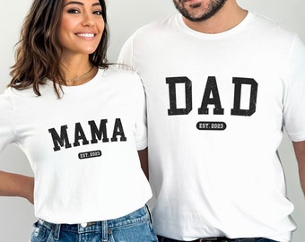 Mama and Dad Shirt, Matching Couple Tshirt, New Mom Shirts, New Dad Shirt, Gift for New Mom, Pregnancy Reveal Shirt, Mom to Be,Mama Est 2023