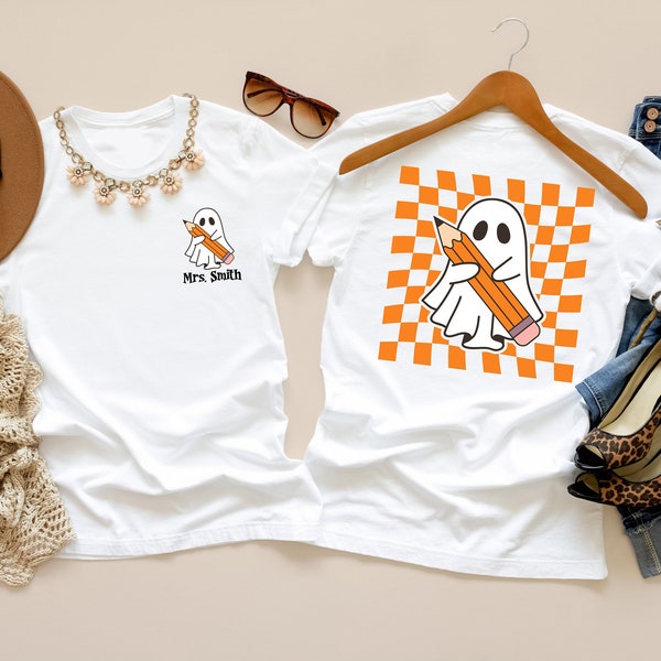 Custom Halloween Teacher Shirts, Cute Ghost Teacher Halloween Shirt, Spooky Teacher Tshirt Personalized Halloween Shirt, Fall Teacher Shirt