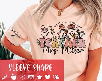 Wildflower Teacher Name Shirt, Custom Teacher Shirts, Personalized Teacher T Shirt, Gift for Teacher, Grade on Sleeve, Groovy Teacher Shirt