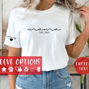 Custom Mama Shirt with Kid Name, Personalized Mom Shirt with Kids Names on Sleeve, Momma Tshirt, Mothers Day Gift for Her, New Mom Gift Est