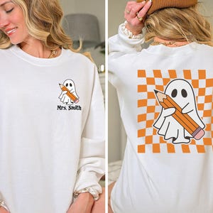 Custom Halloween Teacher Sweatshirt, Cute Ghost Sweatshirt, Spooky Teacher Hoodie, Retro Checkered Sweater, Fall Sweatshirt, Spooky Season