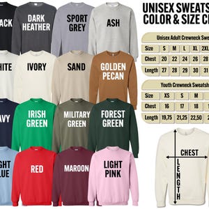 a collection of various colored and sized crew-neck sweatshirts, along with a color and size chart.