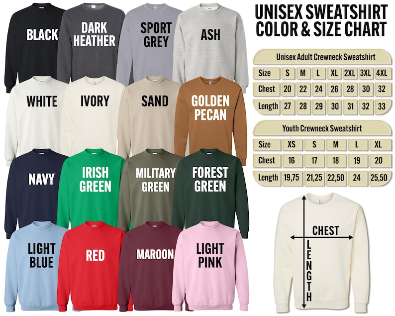 a collection of various colored and sized crew-neck sweatshirts, along with a color and size chart.