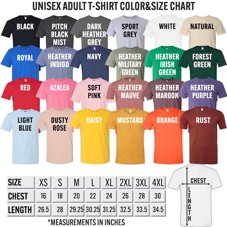 The image is a color and size chart for adult t-shirts, displaying various colors and sizes along with corresponding measurements in inches.