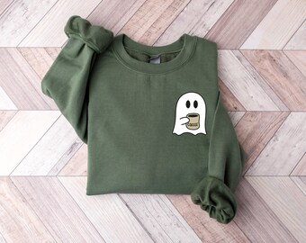 Cute Spooky Coffee Sweatshirt, Womens Ghost Sweatshirt, Spooky Season, Fall Coffee Lover Sweatshirt, Halloween Party Hoodie, Fall Season