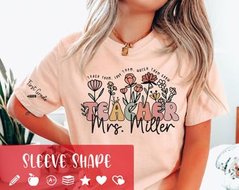 Wildflower Teacher Name Shirt, Custom Teacher Shirts, Personalized Teacher T Shirt, Gift for Teacher, Grade on Sleeve, Groovy Teacher Shirt