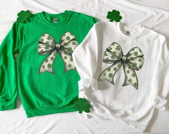 Retro Coquette Bow St Patricks Day Sweatshirt, Irish Gifts, Lucky Hoodie, Shamrock Sweater, Four Leaf Clover, Womens Saint Patricks Crewneck