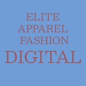 Könnte beinhalten: Blauer Hintergrund mit den Worten "ELITE APPAREL FASHION DIGITAL" in einem rötlich-braunen Farbton. Der Text ist vertikal gestapelt, jedes Wort auf einer separaten Zeile.