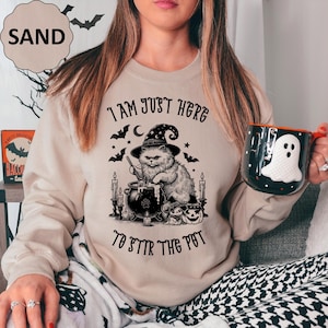 Cat Halloween Sweatshirt, Black Cat Hoodie, Spooky Season Crewneck, I Am Just Here To Stir The Pot Funny Cat Shirt, Pet Lover Halloween Gift