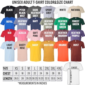 The image is a color and size chart for adult t-shirts, displaying various colors and sizes along with corresponding measurements in inches.