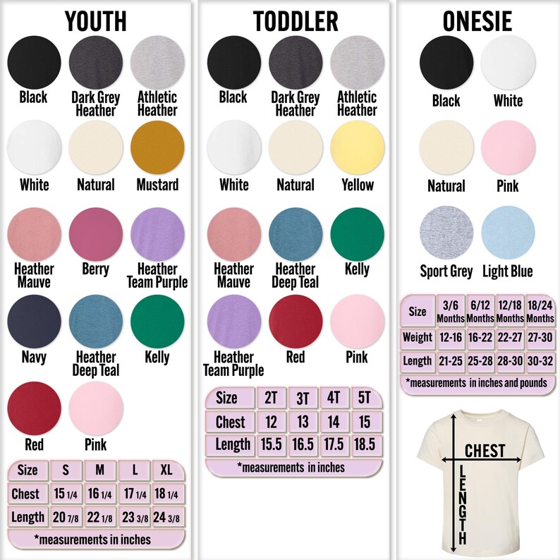 The image is a collage of three separate images, each depicting a different color and size of a t-shirt. The first image shows a black t-shirt, the second image shows a white t-shirt, and the third image shows a pink t-shirt. Each t-shirt has a different color and size, and the image also includes a chest measurement chart for the t-shirt.