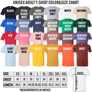 The image is a color and size chart for adult t-shirts, displaying various colors and sizes along with corresponding measurements in inches.