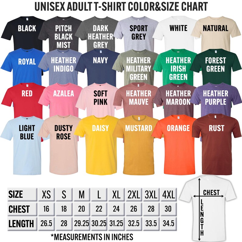 The image is a color and size chart for adult t-shirts, displaying various colors and sizes along with corresponding measurements in inches.