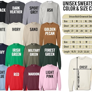 a collection of various colored and sized crew-neck sweatshirts, along with a color and size chart.