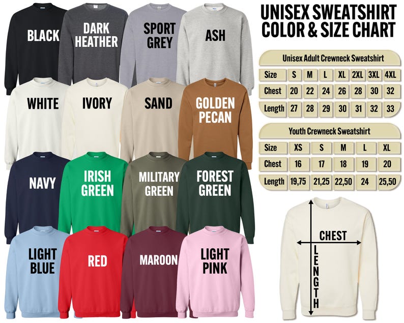 a collection of various colored and sized crew-neck sweatshirts, along with a color and size chart.