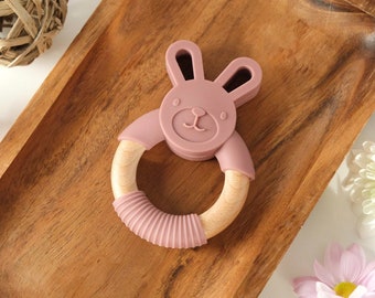 Personalized Rattle With Name Engraved Baby Shower Gift Wooden Bunny Custom Gift For Newborn Neutral Colours