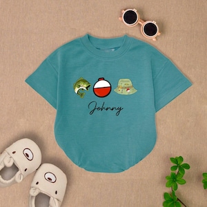 Personalized Fishing Theme Baby Romper Short Sleeves, Cute Bobber And Fish Bodysuit, Custom Summer Fishing Baby Outfit